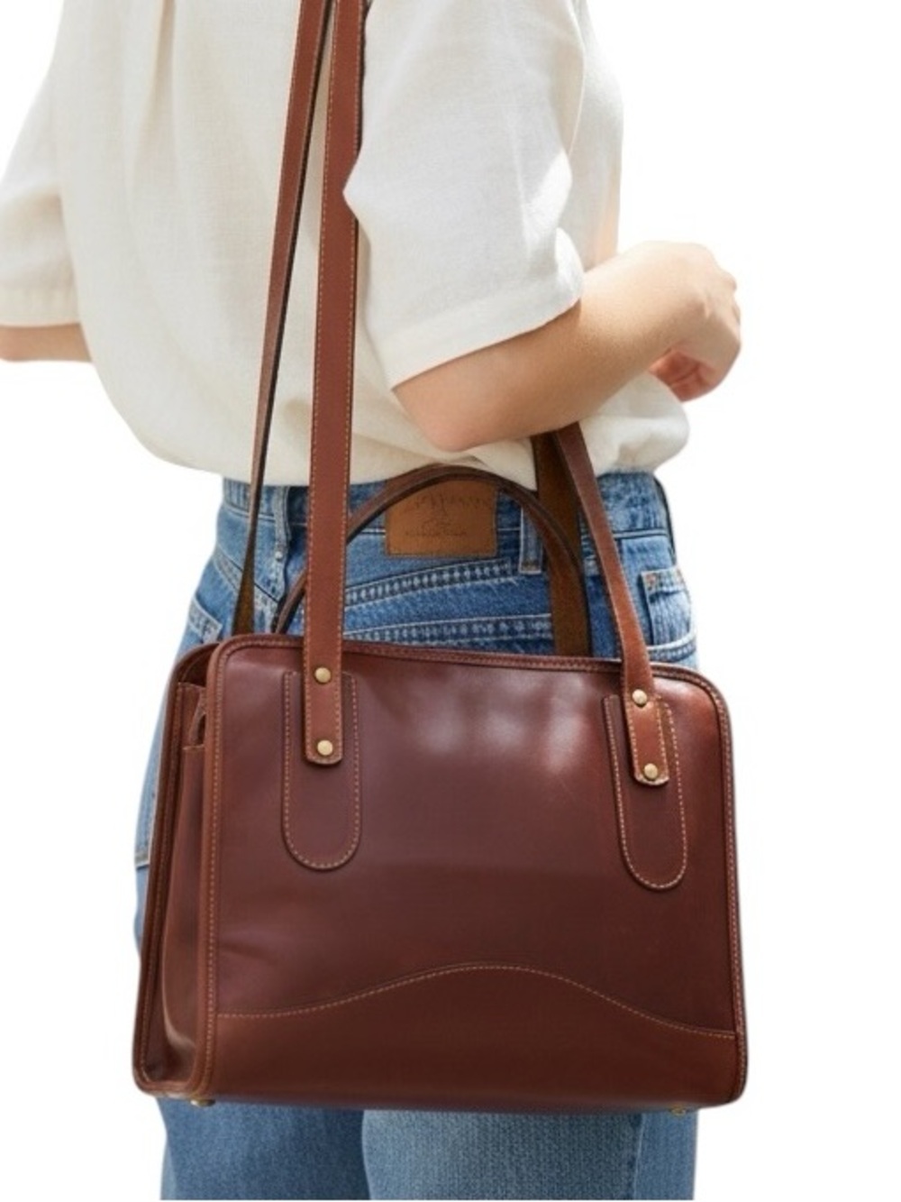 ARANDU Classic Brown Leather Shoulder Tote with Long Straps
